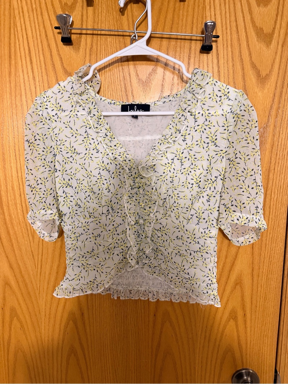Lulu's white Floral Ruffle V-Neck Blouse